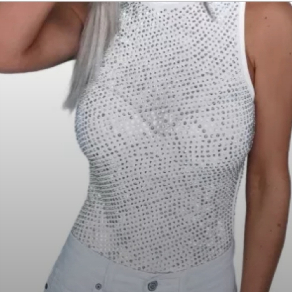 White Rhinestone Embellished Sleeveless Top
